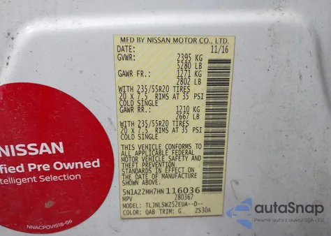 2017 Nissan Murano Platinum z USA, uszkodzony, nr VIN 5N1AZ2MH7HN116036